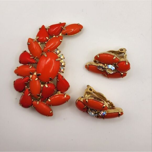 Flower Orange Matching Rhinestone And Bead Vintage Gold Brooch Pin Clip Earrings - Picture 2 of 8